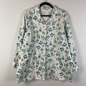 Coldwater Creek Button Up White Floral Long Sleeve Shirt Stretch Size 2X